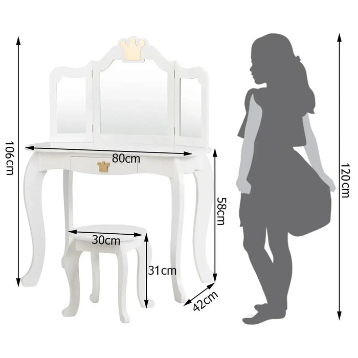 Kids Vanity Table and Chair Set - White | Tri-Folding Mirror and Stool COSTWAY - Little and Giant Explorers Costway