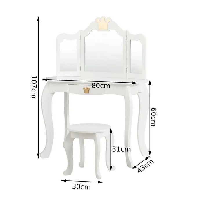 Kids Vanity Table and Chair Set - White | Tri-Folding Mirror and Stool COSTWAY - Little and Giant Explorers Costway