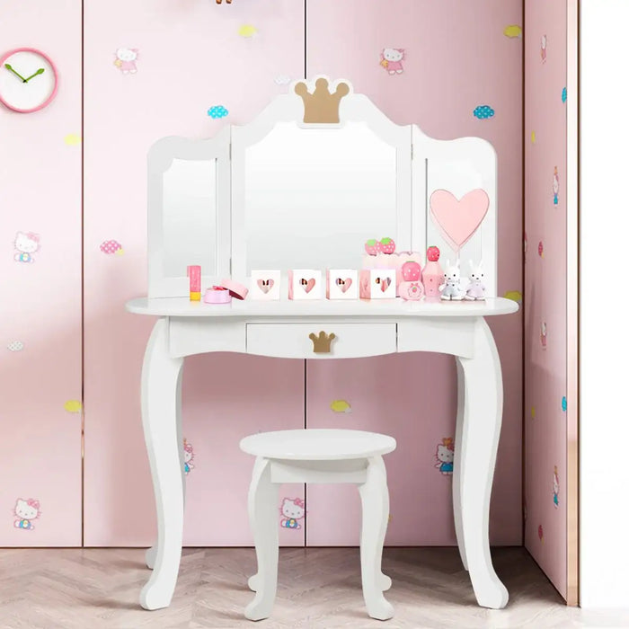 Kids Vanity Table and Chair Set - White | Tri-Folding Mirror and Stool COSTWAY - Little and Giant Explorers Costway