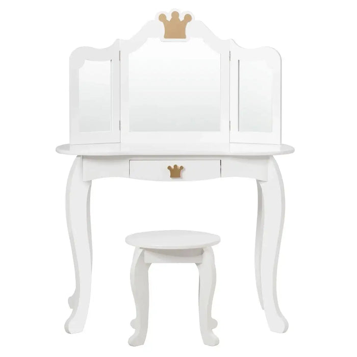 Kids Vanity Table and Chair Set - White | Tri-Folding Mirror and Stool COSTWAY - Little and Giant Explorers Costway
