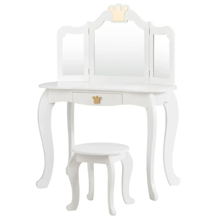 Kids Vanity Table and Chair Set - White | Tri-Folding Mirror and Stool COSTWAY - Little and Giant Explorers Costway