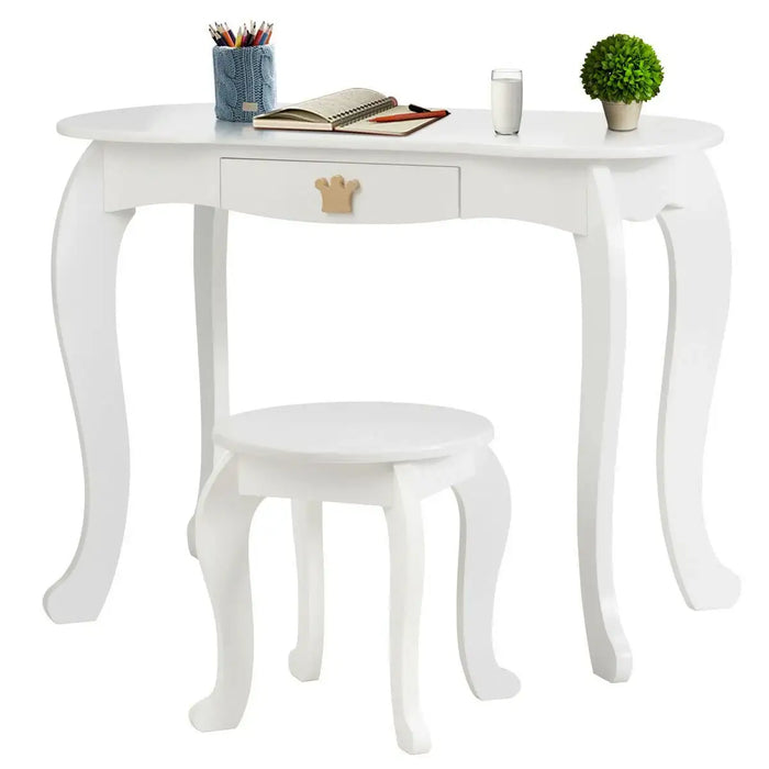 Kids Vanity Table and Chair Set - White | Tri-Folding Mirror and Stool COSTWAY - Little and Giant Explorers Costway