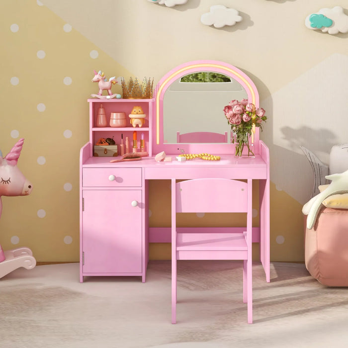 Kids Vanity Table and Chair Set with LED Lights in Pink - Little and Giant Explorers Costway