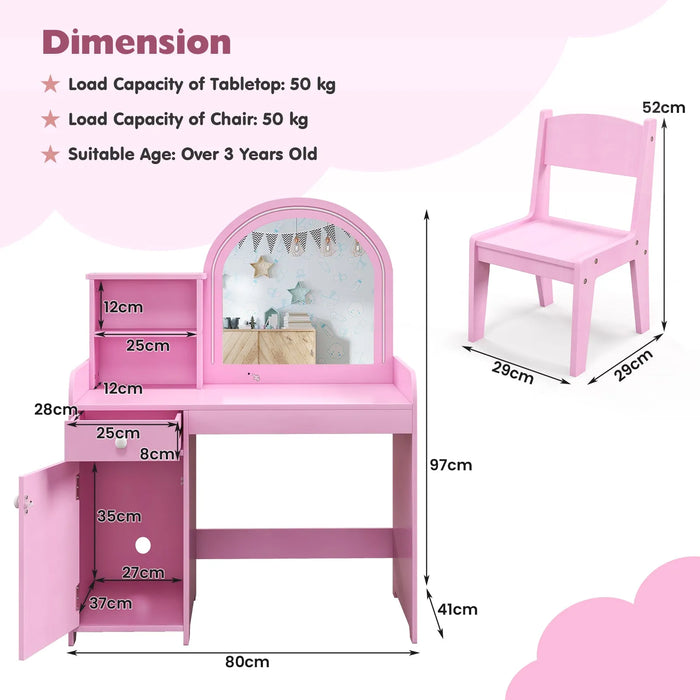 Kids Vanity Table and Chair Set with LED Lights in Pink - Little and Giant Explorers Costway