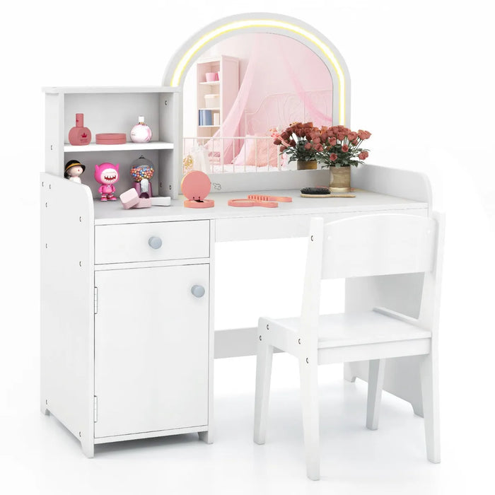 Kids Vanity Table and Chair Set with LED Lights in White - Little and Giant Explorers Costway