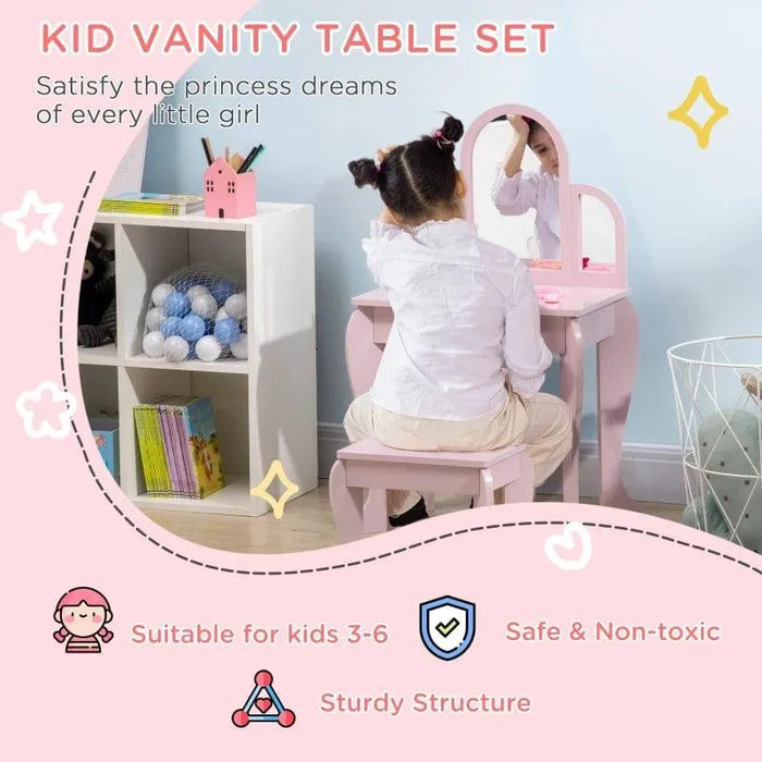 Child sitting at pink kids vanity table and stool set with mirror in playroom.