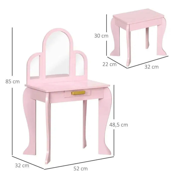 Pink kids vanity table and stool set with three acrylic mirrors and size measurements