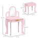 Pink kids vanity table and stool set with three acrylic mirrors and size measurements