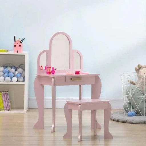 Kids pink vanity table and stool set with three mirrors in a child's bedroom