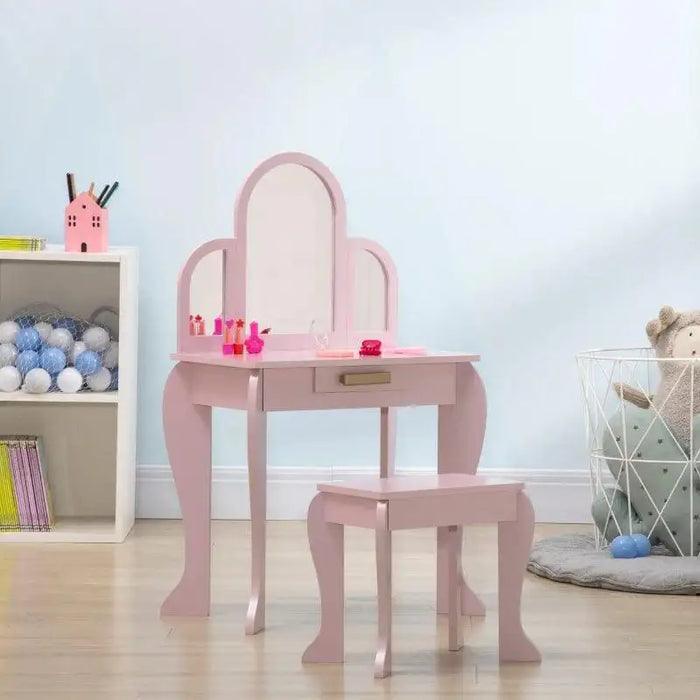Kids pink vanity table and stool set with three mirrors in a child's bedroom