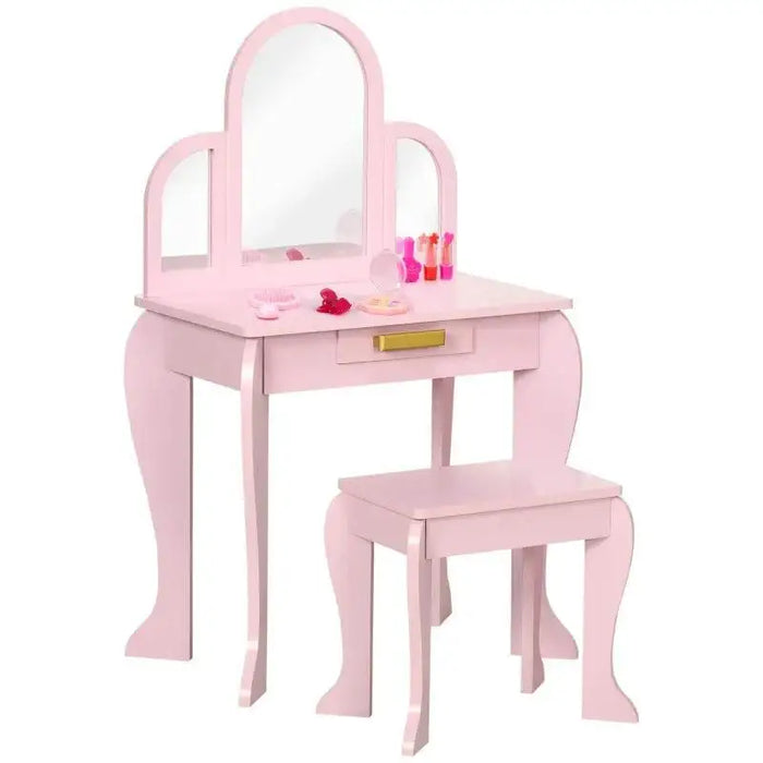 Pink kids vanity table and stool set with three mirrors and play accessories