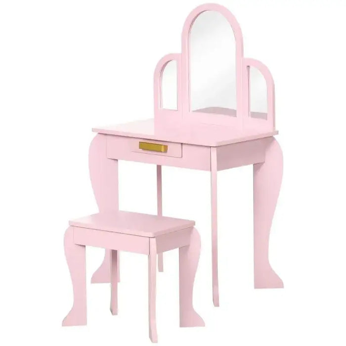 Pink kids vanity table with stool, three acrylic mirrors, and curved legs