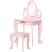 Pink kids vanity table with stool, three acrylic mirrors, and curved legs