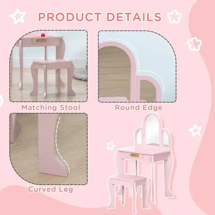 Pink kids vanity table with matching stool, acrylic mirrors, round edges, and curved legs