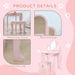 Pink kids vanity table with matching stool, acrylic mirrors, round edges, and curved legs