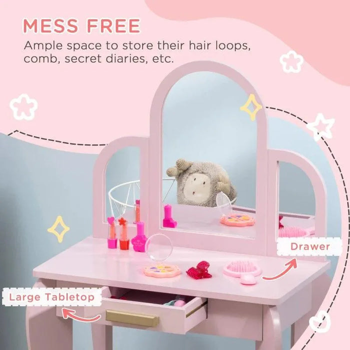 Kids pink vanity table set with three acrylic mirrors, storage drawer, and toy accessories.
