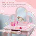 Kids pink vanity table set with three acrylic mirrors, storage drawer, and toy accessories.
