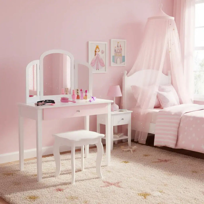 Kids Vanity Table and Stool Set – White and Pink | 2-in-1 Writing Desk Design COSTWAY - Little and Giant Explorers
