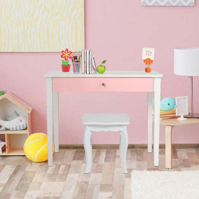 Kids Vanity Table and Stool Set – White and Pink | 2-in-1 Writing Desk Design COSTWAY - Little and Giant Explorers