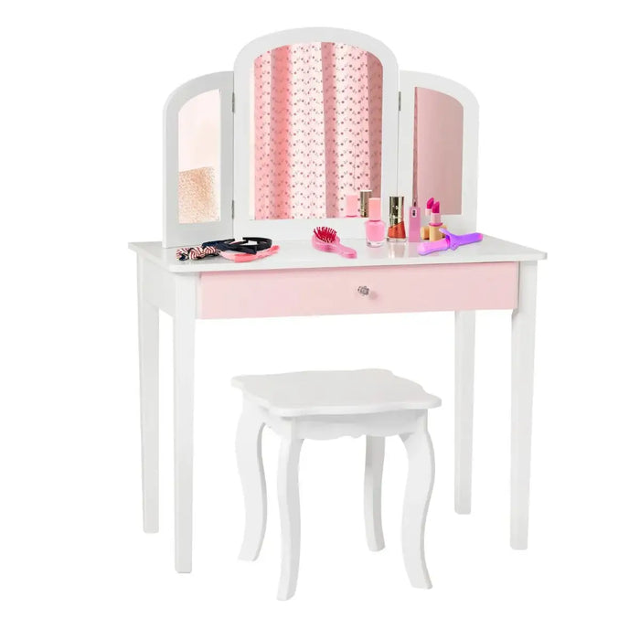 Kids Vanity Table and Stool Set – White and Pink | 2-in-1 Writing Desk Design COSTWAY - Little and Giant Explorers