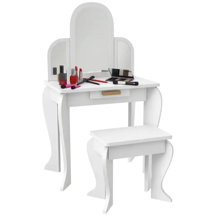 Kids Vanity Table and Stool Set – White | Drawer and Three Mirrors HOMCOM - Little and Giant Explorers HOMCOM