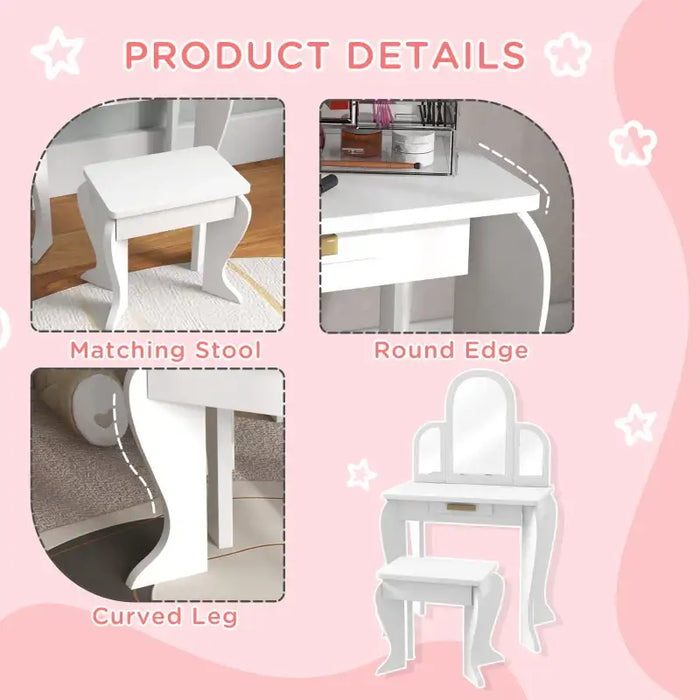 Kids Vanity Table and Stool Set – White | Drawer and Three Mirrors HOMCOM - Little and Giant Explorers HOMCOM