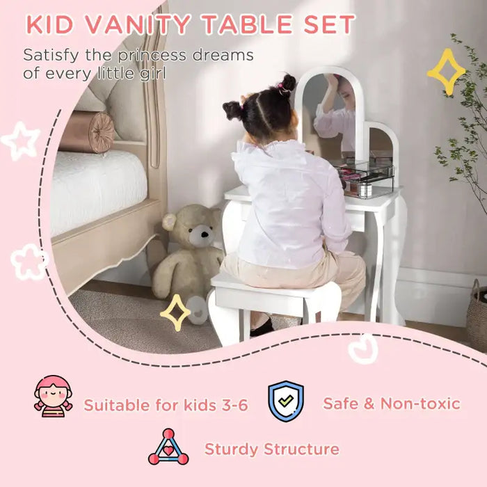 Kids Vanity Table and Stool Set – White | Drawer and Three Mirrors HOMCOM - Little and Giant Explorers HOMCOM