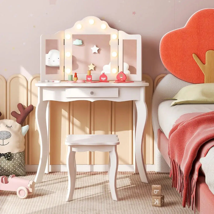 Kids Vanity Table and Stool Set – White | Wooden Dressing Table with Tri-Folding Mirror COSTWAY - Little and Giant Explorers