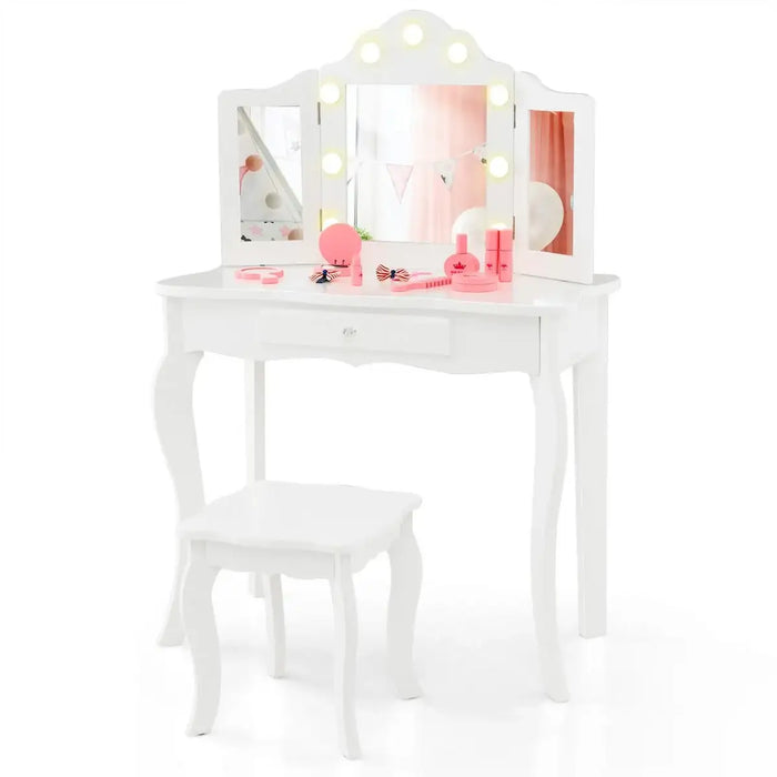 Kids Vanity Table and Stool Set – White | Wooden Dressing Table with Tri-Folding Mirror COSTWAY - Little and Giant Explorers