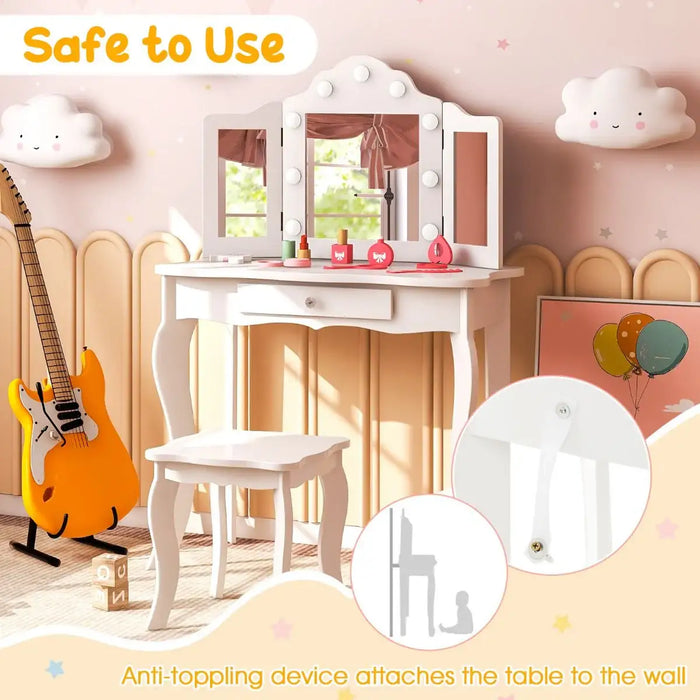 Kids Vanity Table and Stool Set – White | Wooden Dressing Table with Tri-Folding Mirror COSTWAY - Little and Giant Explorers