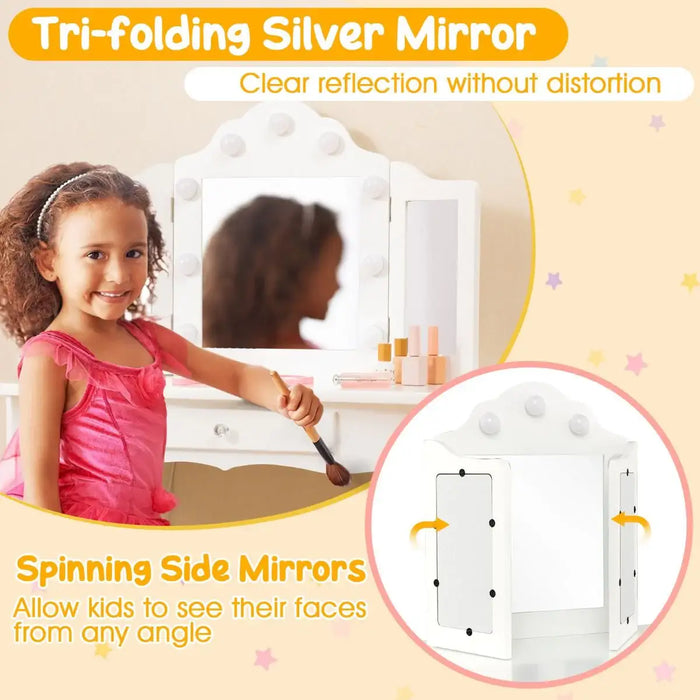 Kids Vanity Table and Stool Set – White | Wooden Dressing Table with Tri-Folding Mirror COSTWAY - Little and Giant Explorers