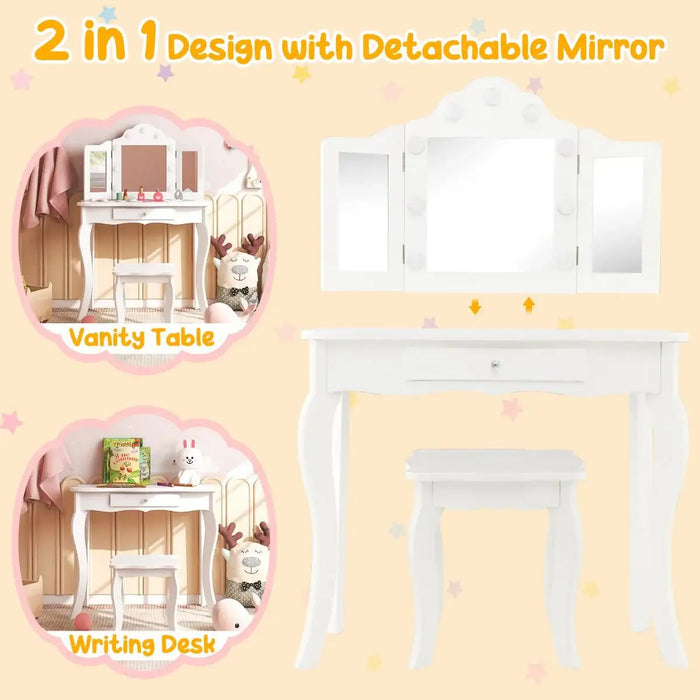 Kids Vanity Table and Stool Set – White | Wooden Dressing Table with Tri-Folding Mirror COSTWAY - Little and Giant Explorers