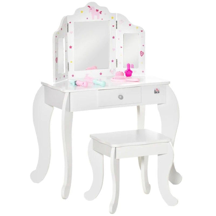 Vanity Table and Stool with Rotatable Mirror Drawer - Little and Giant Explorers HOMCOM