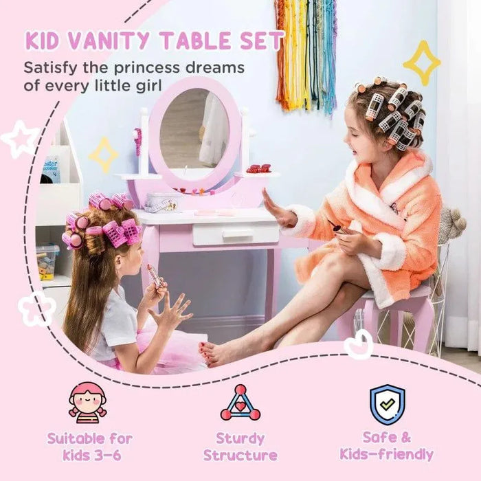 Kids pink vanity table set with acrylic mirror, princess design, two girls playing dress up
