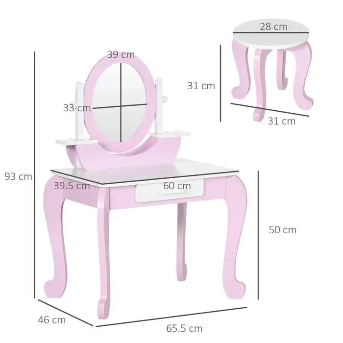 Pink and white kids vanity table with oval mirror, matching stool, and measurement labels.