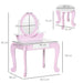 Pink and white kids vanity table with oval mirror, matching stool, and measurement labels.