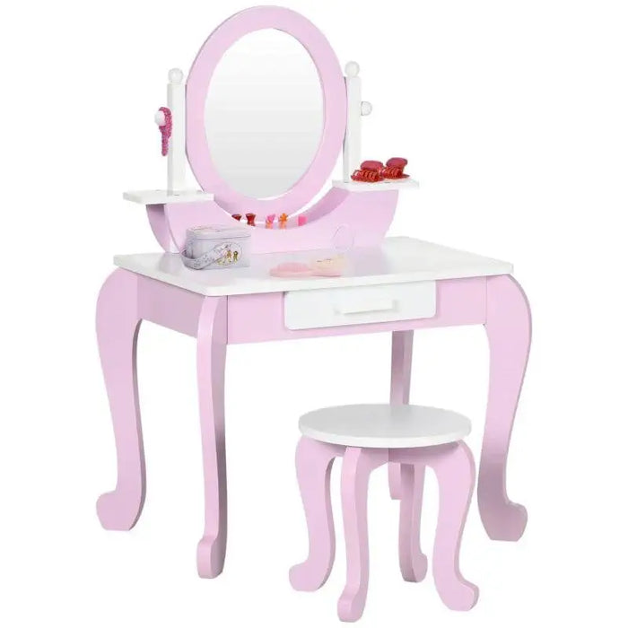 Kids pink and white vanity table with mirror, matching stool, drawer, and princess design.