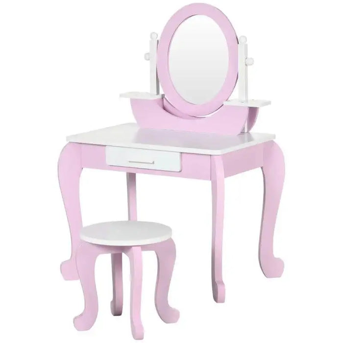 Kids pink and white vanity table with oval mirror, drawer, and matching stool