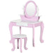 Kids pink and white vanity table with oval mirror, drawer, and matching stool
