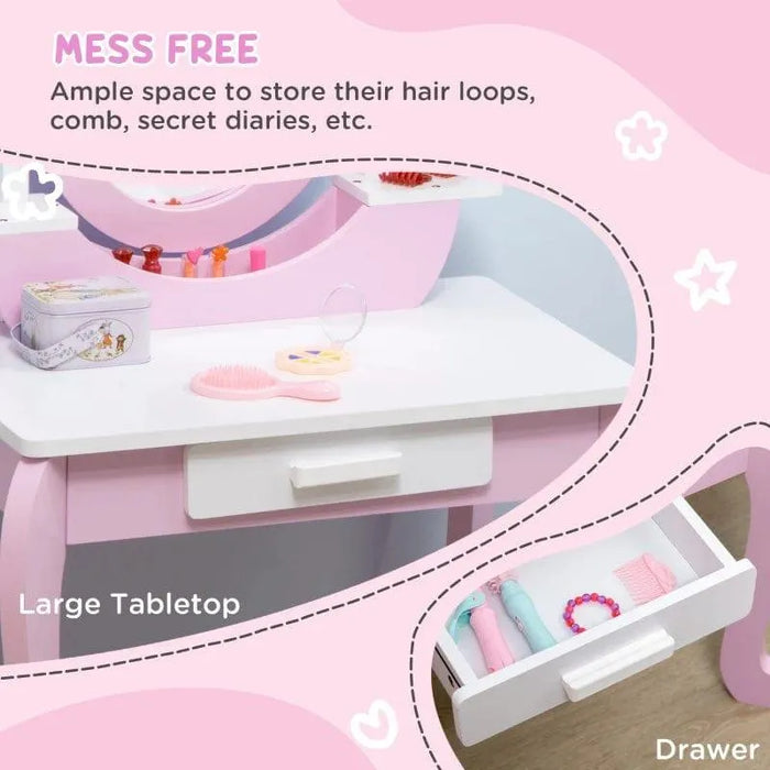 Pink and white kids vanity table with drawer, acrylic mirror, and princess design.