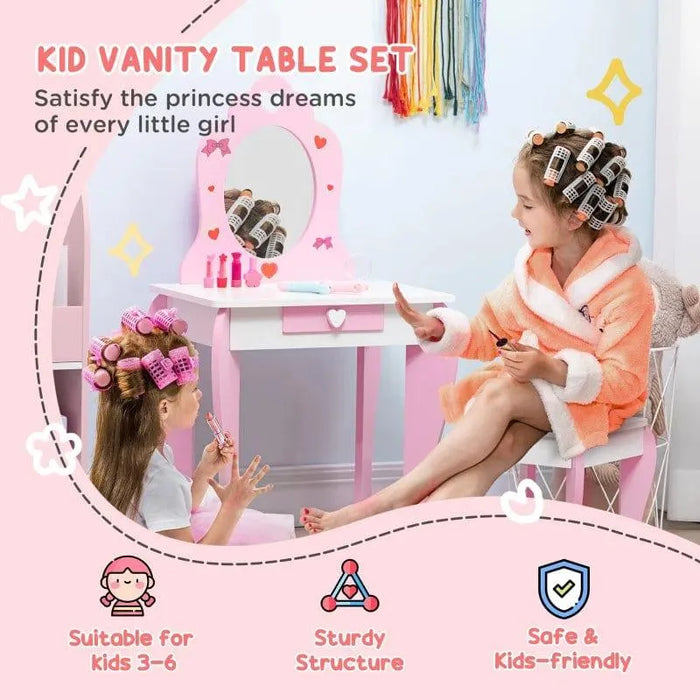 Kids pink and white vanity table set with mirror, two girls in curlers, makeup play, princess theme