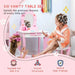 Kids pink and white vanity table set with mirror, two girls in curlers, makeup play, princess theme