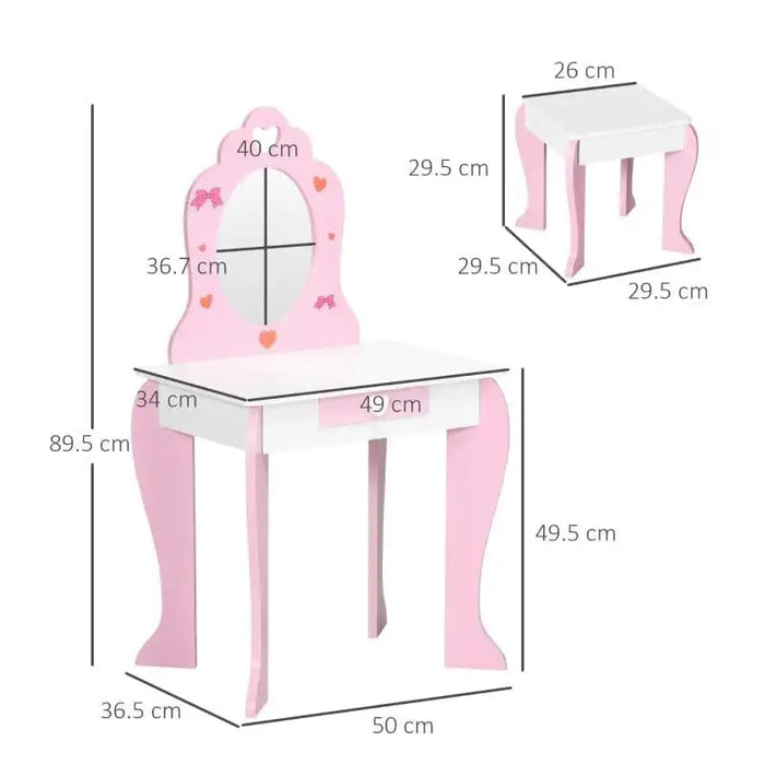 Pink and white kids vanity table with princess mirror, storage, and size dimensions shown.