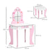 Pink and white kids vanity table with princess mirror, storage, and size dimensions shown.