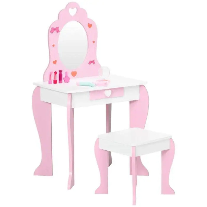 Pink and white kids vanity table with mirror, matching stool, and princess-themed accents.