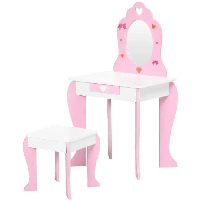 Pink and white kids vanity table with mirror, heart shapes, and matching stool