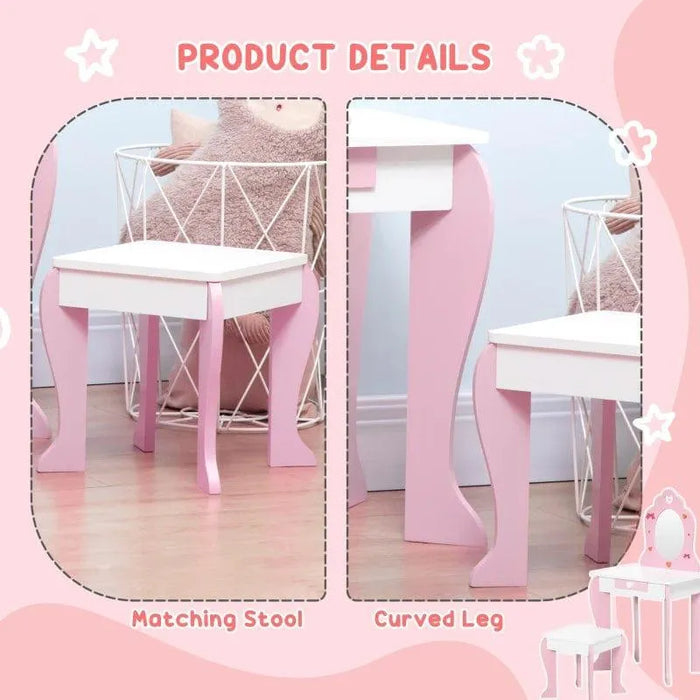 Kids pink and white vanity table with matching stool and curved leg design.