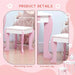 Kids pink and white vanity table with matching stool and curved leg design.