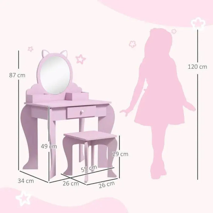 Pink kids vanity table set with cat-shaped mirror, matching stool, and size dimensions shown