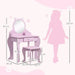 Pink kids vanity table set with cat-shaped mirror, matching stool, and size dimensions shown